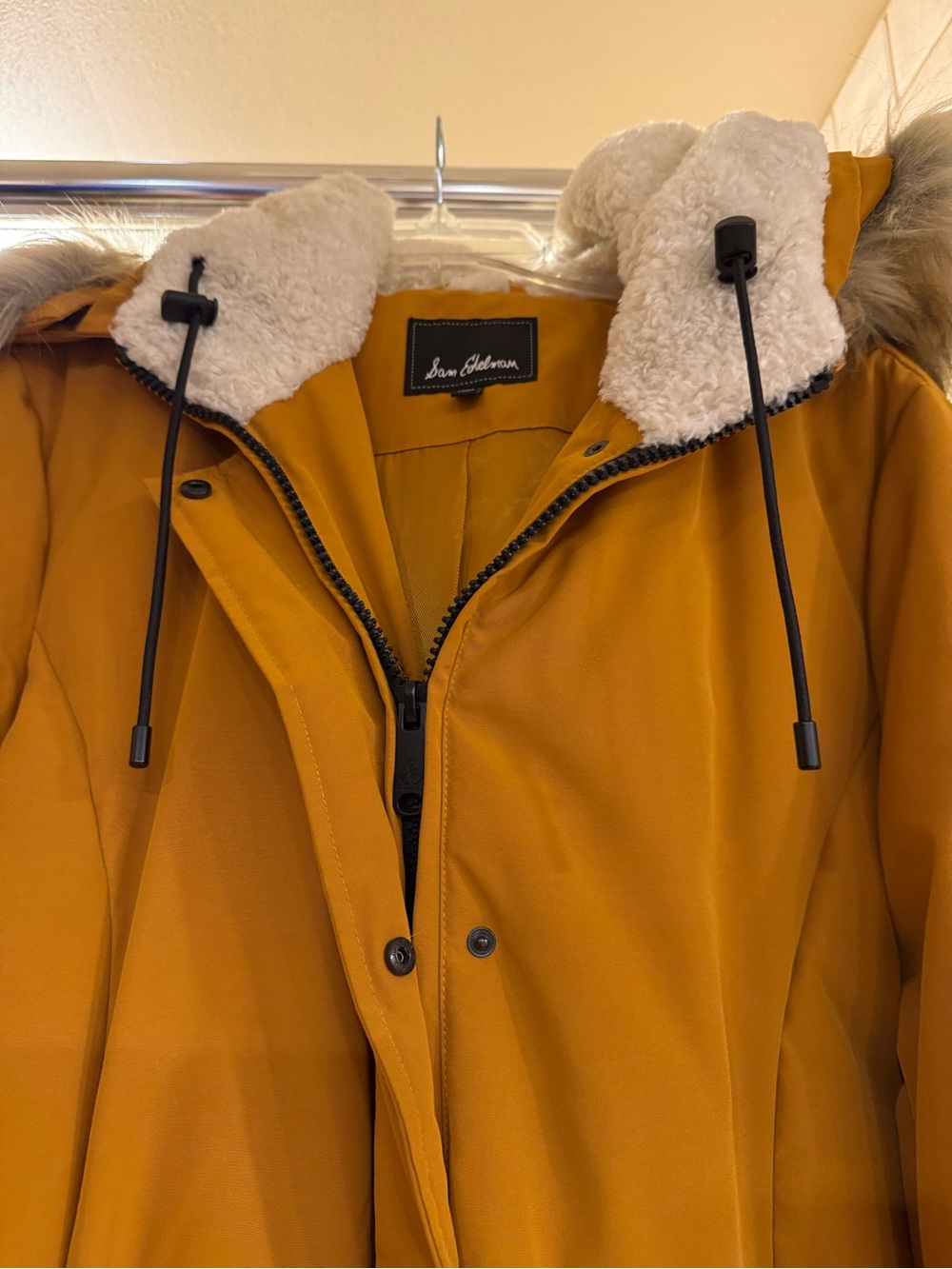 Sam Edelman Mustard Hooded Faux-Fur Trim Puffer Coat with Matching Plaid Scarf - Picture 8 of 15